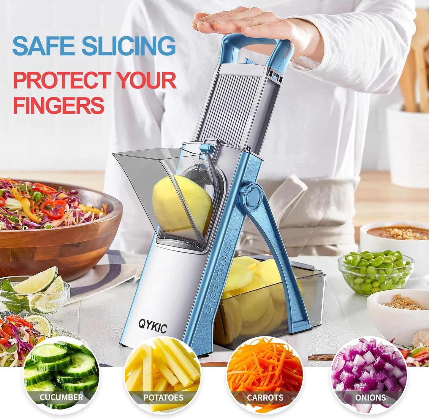 QYKIC Safe Mandoline Slicer for Kitchen, Adjustable Potato Slicer Pro | 0.1-8mm Vegetable Chopper Fry Cutter Julienne Dicer Large Chute Stainless Steel Blades Detachable Dishwasher Safe Gifts