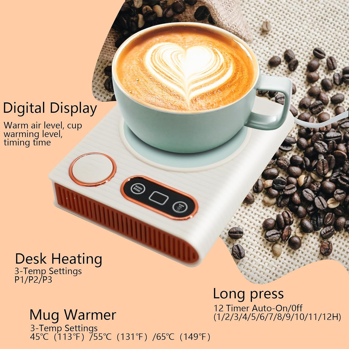 2-in-1 Mug Warmer with Warm Air Function, Coffee Cup & Candle Warmer for Desk, 100W Electric Beverage Warmer with Auto Shut-Off for Office
