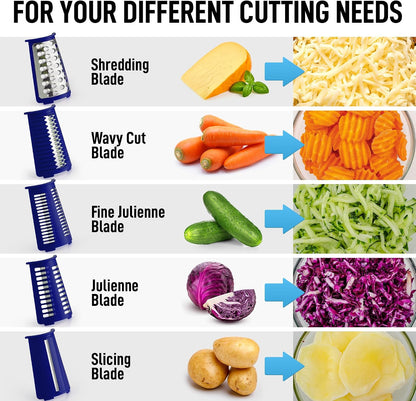 Zulay Kitchen Rotary Cheese Grater 5 Blade Cheese Shredder - Manual Hand Crank Cheese Grater With Reinforced Suction & 5 Interchangeable Drums - Easy to Use, Vegetable Chopper Round Mandoline Slicer - Colors A