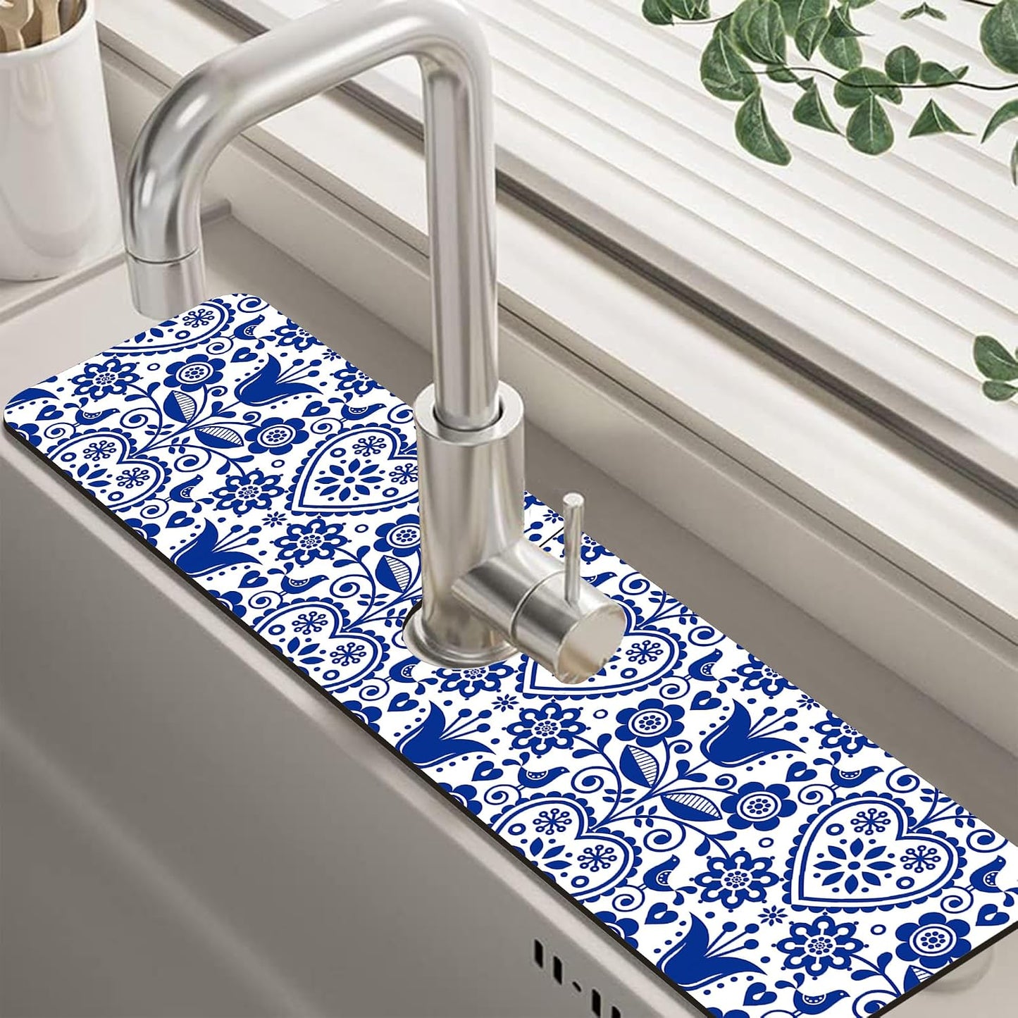 Abstract Watercolor Leaves Sink Faucet Absorbing Mat Sink Splash Guard Faucet Mat Draining Mat Fast Drying Sink Protectors for Kitchen and Bathroom 5.5"×15"