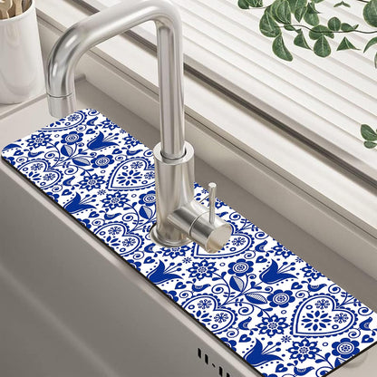 Abstract Watercolor Leaves Sink Faucet Absorbing Mat Sink Splash Guard Faucet Mat Draining Mat Fast Drying Sink Protectors for Kitchen and Bathroom 5.5"×15"