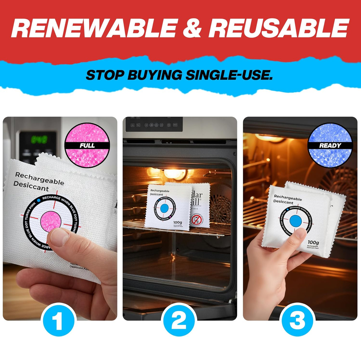 Rechargeable Silica Gel Dehumidifier 50g, Reusable Gun Safe Absorber