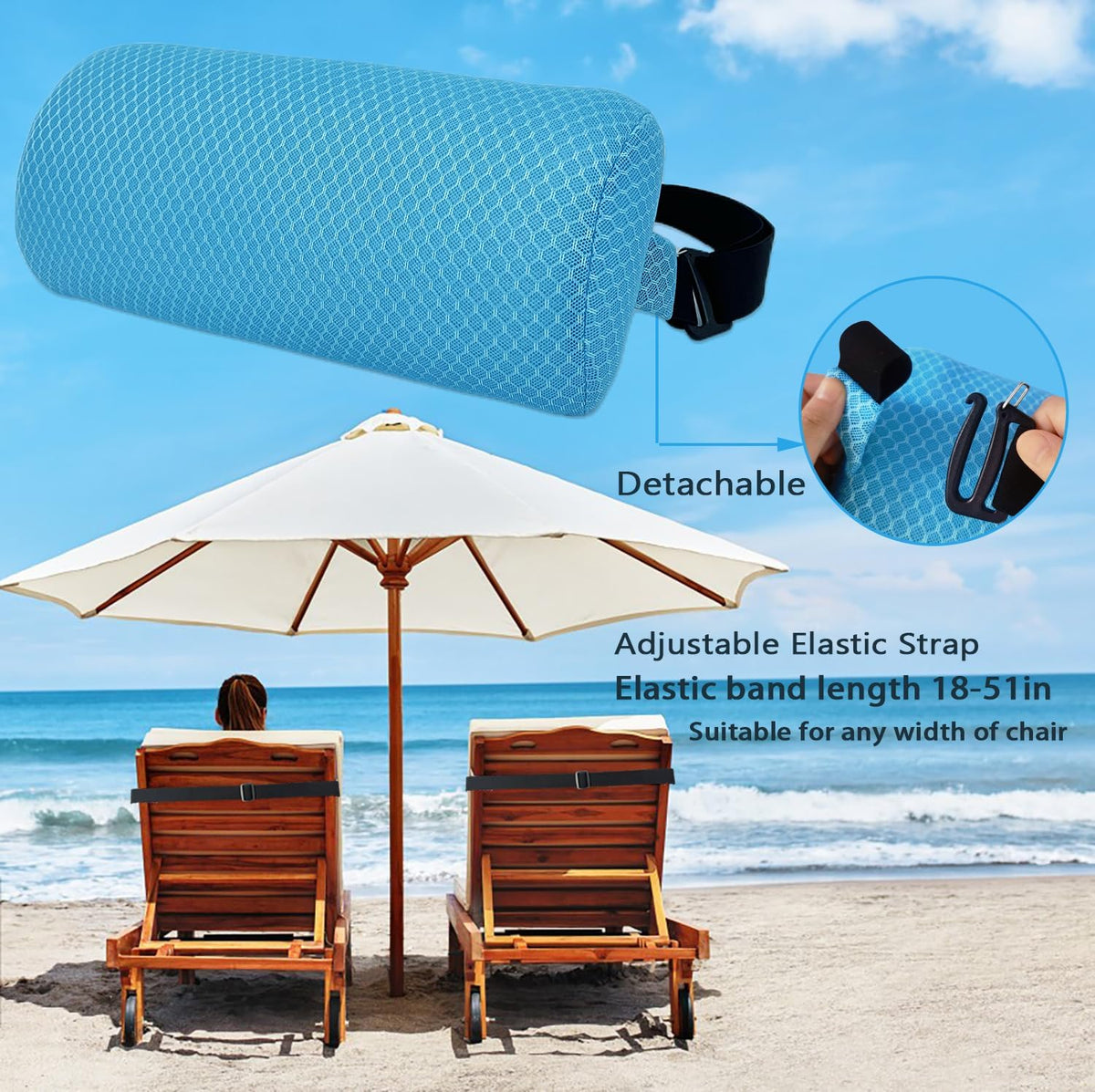 1 Pack Headrest Pillow for Patio Chaise Lounge,Recliner,Beach Chair,Gray | Resilient 3D mesh pillow with removable washable cover, adjustable elastic strap, ergonomic support, lightweight portable