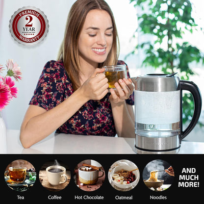 OVENTE 1.8L Glass Electric Kettle Water Boiler, Silver KG751S | 1500W Fast Boiling, Easy Fill Lid, Borosilicate Glass, BPA-Free, Blue LED, Auto Shut-Off, Boil-Dry Protection, Cordless