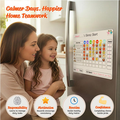 Mimi Doodle Magnetic Chore Chart for Kids – 16x12 Dry Erase Daily Responsibility Board for Fridge with 39 Chore tabs, 100 Reward Stickers – Behavior Chart for Kids at Home – Simple Theme