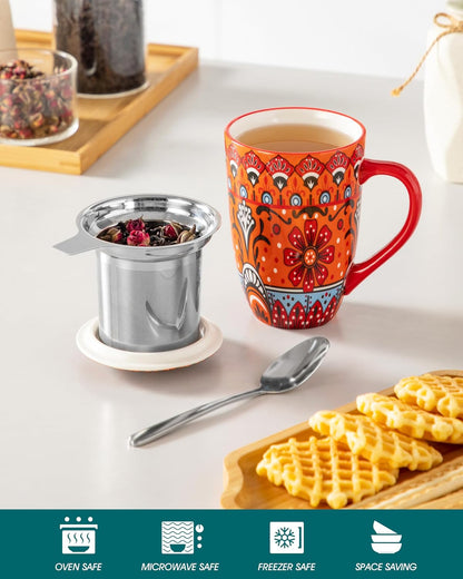 vancasso 18 Oz Tea Infuser Mug with Lid, Mint Petal Whirl | Eye catching Bohemian pattern, adds charm to any tea corner, ceramic mug with infuser, microwave and dishwasher safe