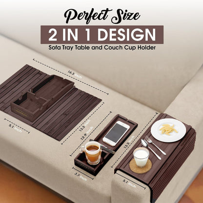 Bamboo Couch Cup Holder, 2 Cork Coasters, Anti-Slip Foldable Couch Arm Tray | 2 in 1 Foldable Sofa Arm Tray, Couch Armrest Table, Anti-Spill Couch Arm Table for Drinks TV Remote Cellphone Snacks