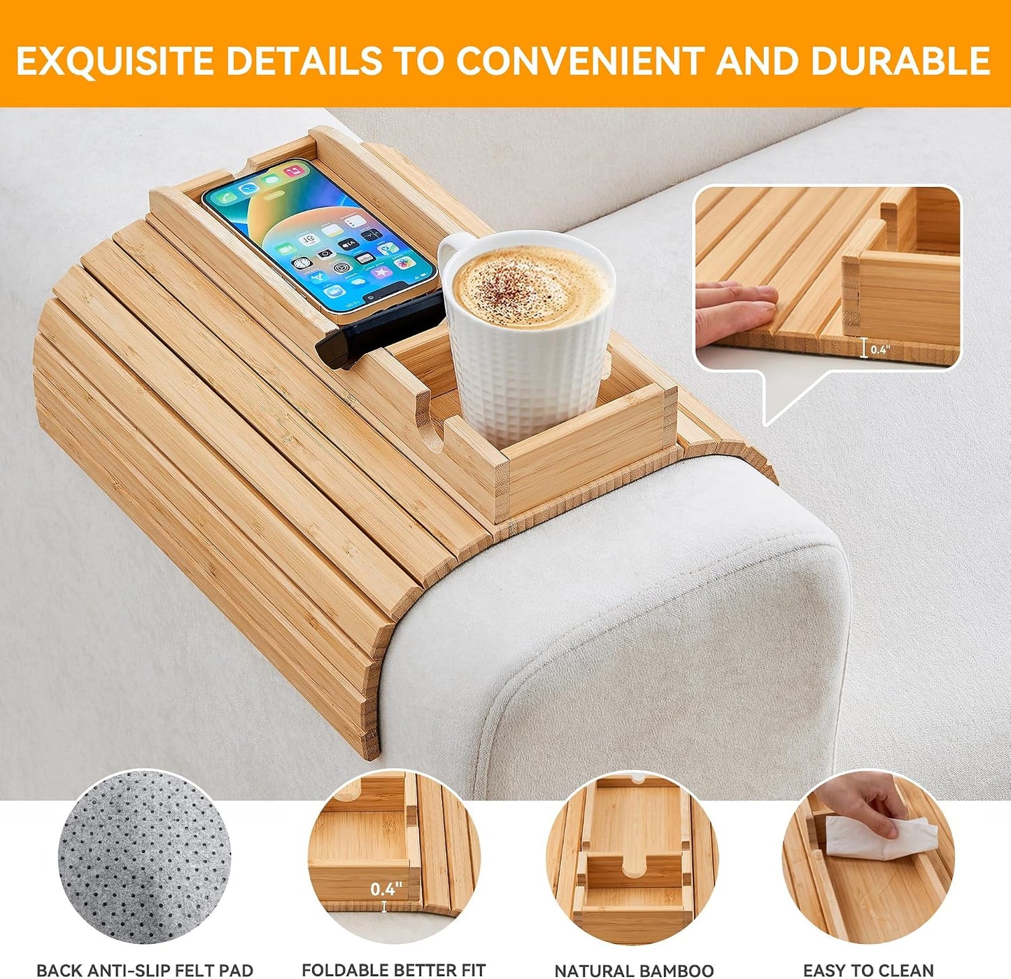 GEHE Bamboo Couch Cup Holder, Anti-Spill Sofa Arm Tray, Natural and Easy to Clean Couch Arm Cup Holder Armrest Tray Perfect for Cups, Beers, Snacks, Remote Control, Drinks