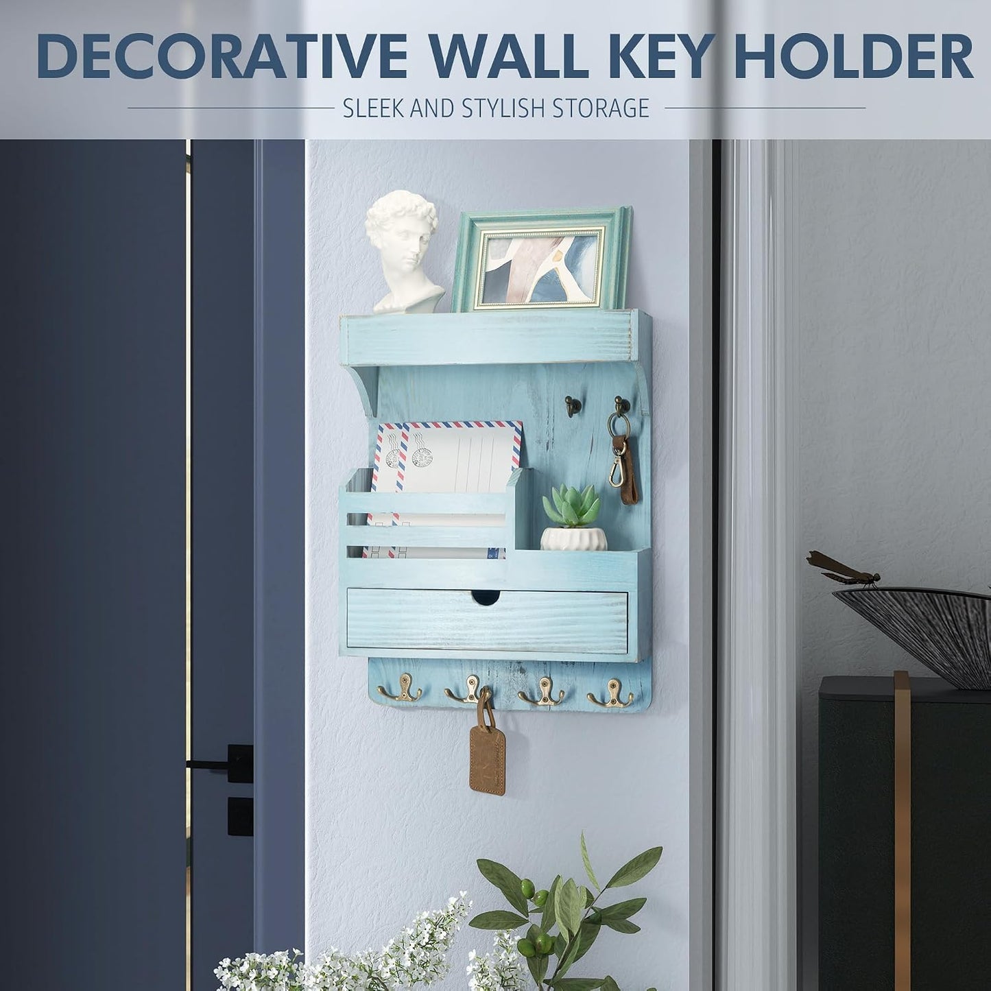 Rebee Vision Key Holder Wall Mount with Drawer Organizer for Entryway,Brown | Pine Wood, 6 Key Hooks, Display Shelf for Plants, Mail Slot for Storage Letter, Multi-Funtional Design, Home Storage