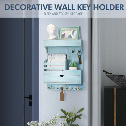 Rebee Vision Key Holder Wall Mount with Drawer Organizer for Entryway,Brown | Pine Wood, 6 Key Hooks, Display Shelf for Plants, Mail Slot for Storage Letter, Multi-Funtional Design, Home Storage