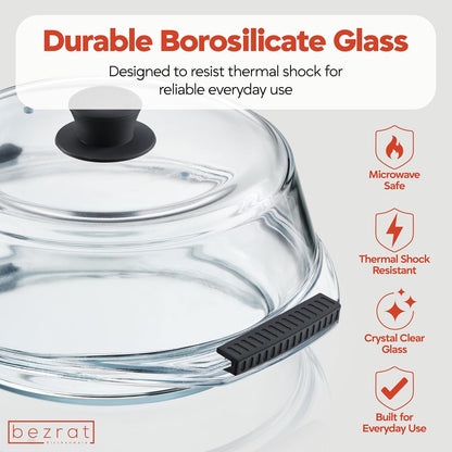Bezrat 2in1 Glass Microwave Plate and Cover/Splatter Guard Lid, with Easy Grip silicone handle, 100% Food Grade, BPA Free and Dishwasher safe (Black)