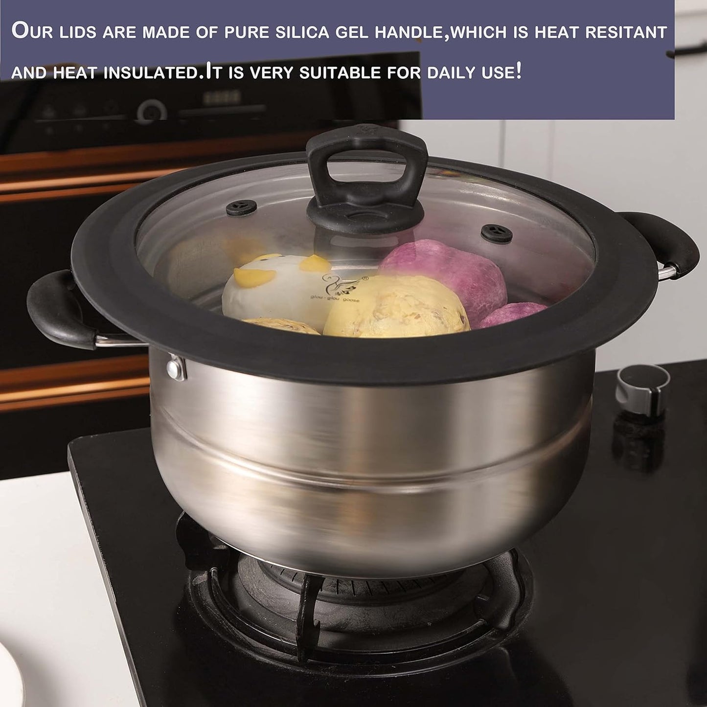 Vented Tempered Glass Universal Lid for Pot Pan Skillet with Heat Resistant Silicone Rim Microwave Splatter Lid Cover Microwave Safe Fit 11.5" 12" 12.5" Cookware, Dishwasher Safe Black