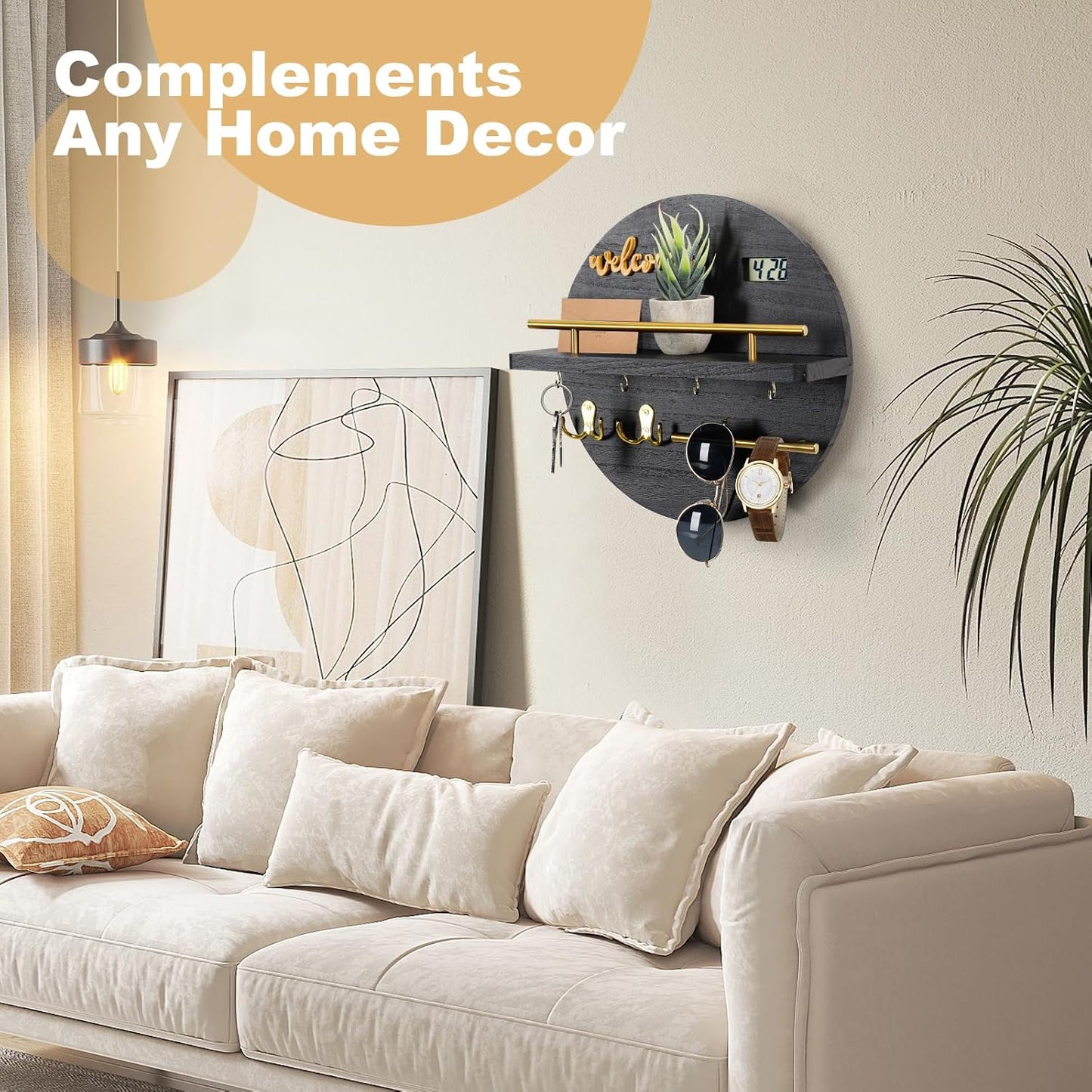 Key Holder for Wall, Key and Mail Holder Organizer with - Key Holder Wall Mount - Round Wooden Rustic Home Decor for Entryway, Mudroom, Hallway, Kitchen Office (Black)