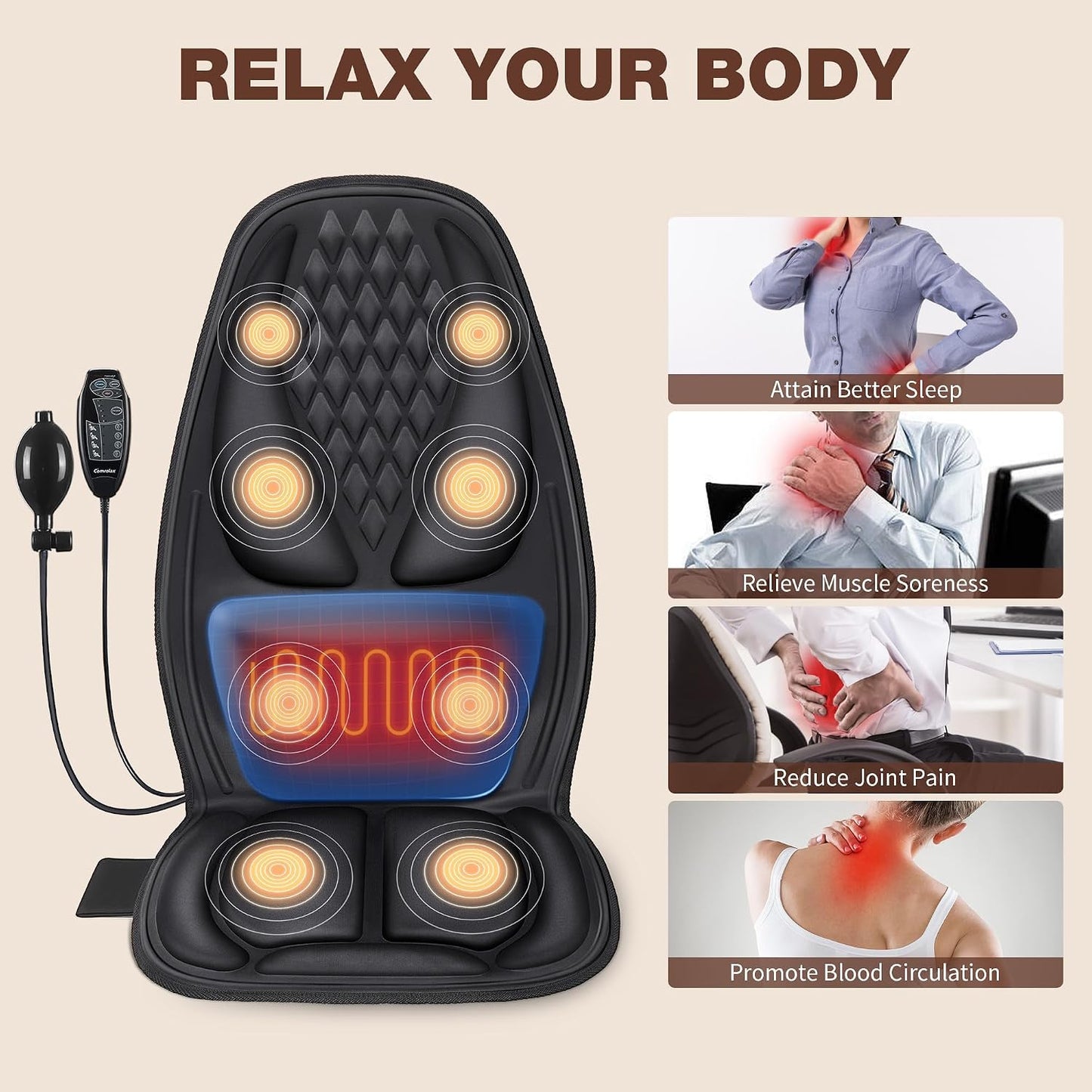 Vibration Massage Seat Cushion with Lumbar Heat, 8-Motor Back and Seat Massager Pad, Manual Lumbar Support, 9 Modes and 3 Intensities for Office Chair, Sofa and Recliner