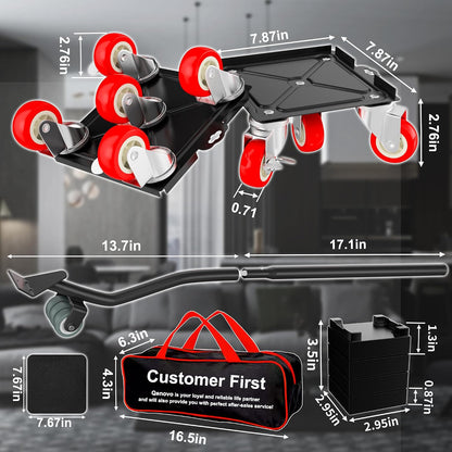 1,500 lb Capacity Furniture Dolly Set, 5.3-Inch Platforms, Red | Carbon Steel Dollies Feature Five Quiet Wheels, Including Locking Casters, Plus a Pry Bar for Washers, Sofas and Cabinets.