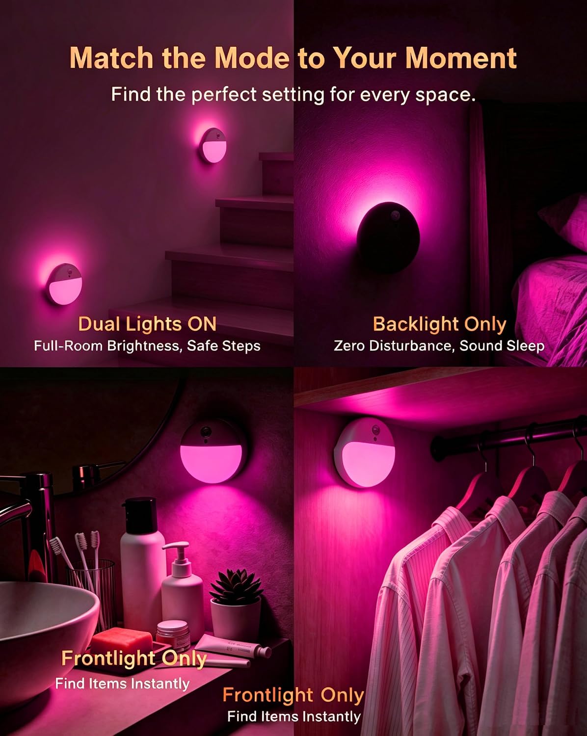 Small Motion Sensor Amber Night Light Battery Operated, Toilet Light | 2 Pack, 3 Modes, Dimmable 1-15lm, Dim Light Soft Glow, No Plug, Wireless Stick on Light for Bedroom, Sleep, Bathroom, Kids