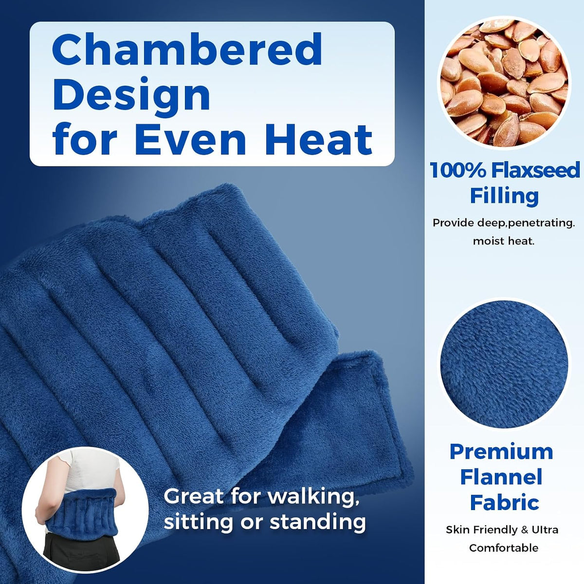 Microwave Heating Pad for Lower Back, Waist, Periods Cramps Pain Relief - Wearable Microwavable Heating Pads Heating Pad with Flax Seed for Hot & Cold Therapy, Unscented Heat Pack（Navy Blue）