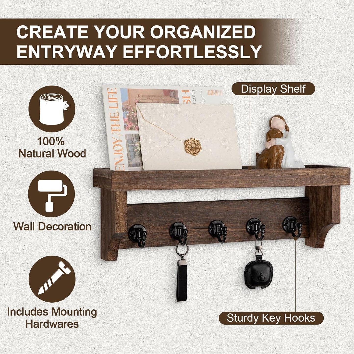 Key and Mail Holder Wall Mount, Mail Organizer with 5 Key Hooks | Key Holder with Shelf, Key Holder for Coat, Dog Leash, Home Decor Rack, Entry Way Organizer