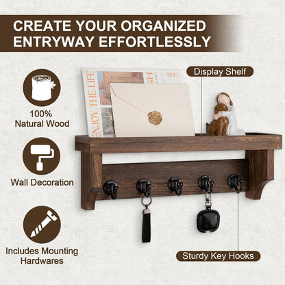 Key and Mail Holder Wall Mount, Mail Organizer with 5 Key Hooks | Key Holder with Shelf, Key Holder for Coat, Dog Leash, Home Decor Rack, Entry Way Organizer