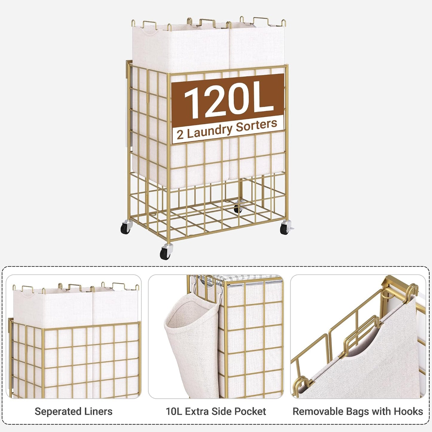 90L Laundry Basket with Wheels, Large Capacity Laundry Hamper with Removable Liner Bags, Heavy Duty Laundry Sorter with Solid Wood Lid & Leather Handles, Grey