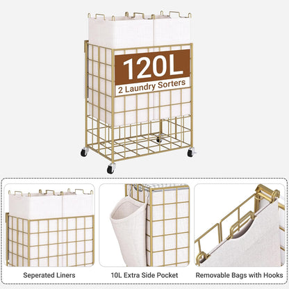 90L Laundry Basket with Wheels, Large Capacity Laundry Hamper with Removable Liner Bags, Heavy Duty Laundry Sorter with Solid Wood Lid & Leather Handles, Grey