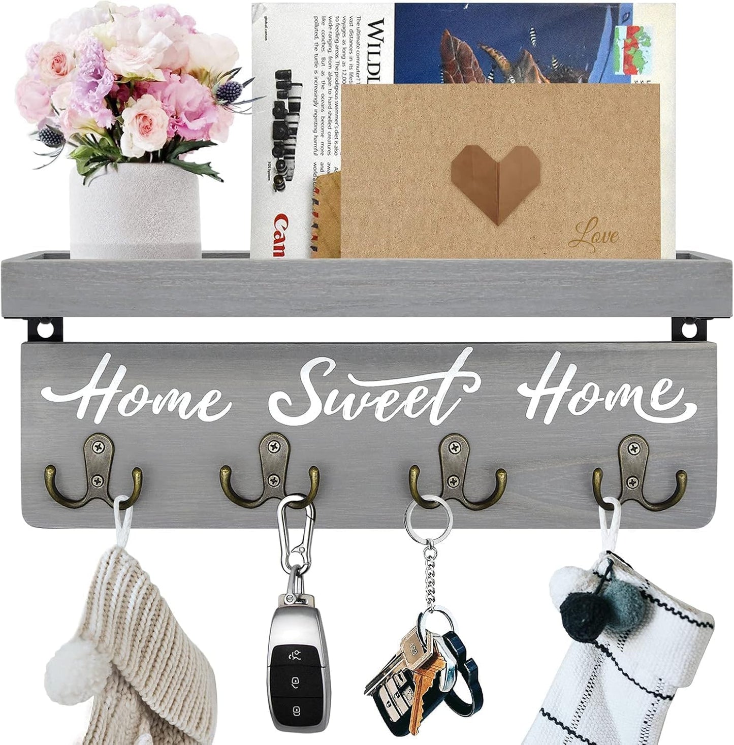 buways Key Holder Wall Mount with 8 Hooks and Cozy Home Sign (Gray) | Solid Wood, Floating Shelf for Keys, Mail, and Daily Essentials in Entryways, Hallways or Home Decor