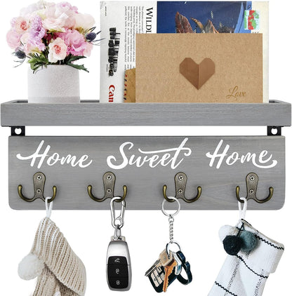 buways Key Holder Wall Mount with 8 Hooks and Cozy Home Sign (Gray) | Solid Wood, Floating Shelf for Keys, Mail, and Daily Essentials in Entryways, Hallways or Home Decor