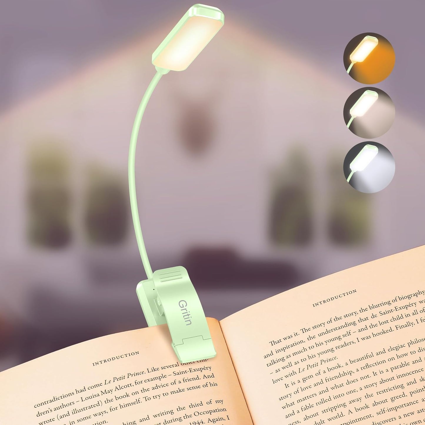 Gritin 9 LED Rechargeable Book Light for Reading in Bed | Eye Caring 3 Color Temps,Stepless Dimming Brightness,80 Hrs Runtime Small Lightweight Clip On Book Reading Light for Studying