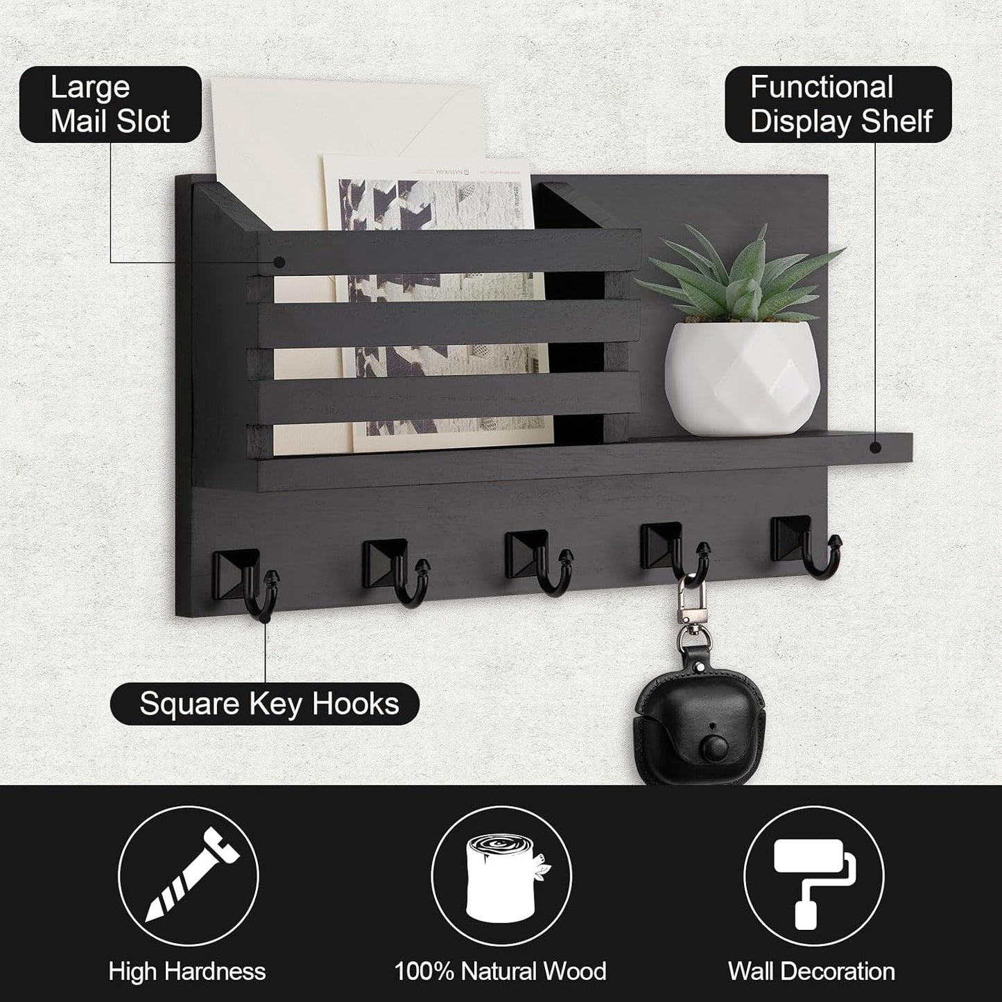 Key Holder Wall Mount, Mail Organizer for Wall with 5 Square Key Hooks | Key Holder for Wall, Key Holder with Shelf Farmhouse Home Decor for Home Entryway