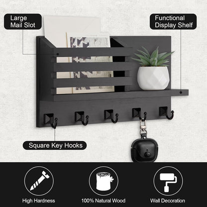 Key Holder Wall Mount, Mail Organizer for Wall with 5 Square Key Hooks | Key Holder for Wall, Key Holder with Shelf Farmhouse Home Decor for Home Entryway