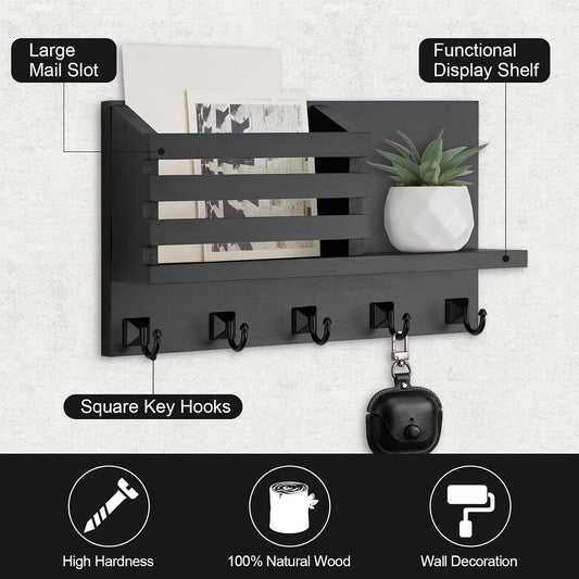 Key Holder Wall Mount, Mail Organizer for Wall with 5 Square Key Hooks | Key Holder for Wall, Key Holder with Shelf Farmhouse Home Decor for Home Entryway