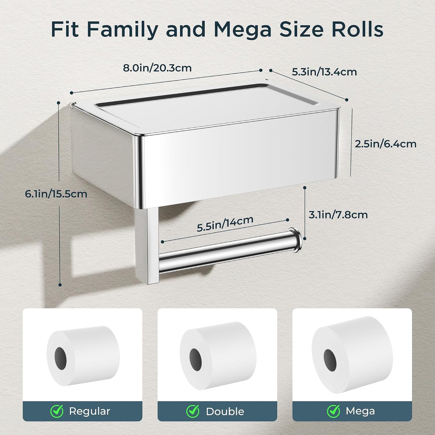 FORIOUS Toilet Paper Holder with Shelf, Wall-Mounted Modern Wipes Dispenser | Brushed Nickel | Toilet Paper Holder with Storage for Bathroom | Fits Wipes, Sanitary Napkin, Tampon | 8.0"x5.3" Large Shelf