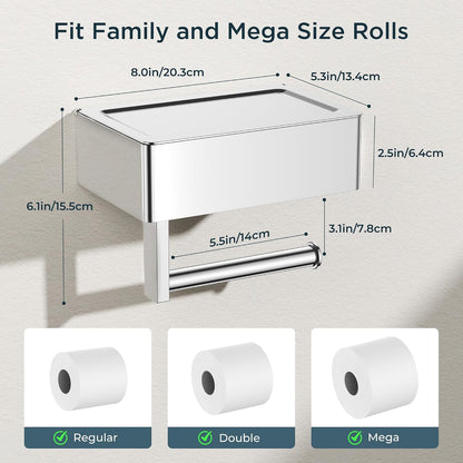 FORIOUS Toilet Paper Holder with Shelf, Wall-Mounted Modern Wipes Dispenser | Brushed Nickel | Toilet Paper Holder with Storage for Bathroom | Fits Wipes, Sanitary Napkin, Tampon | 8.0"x5.3" Large Shelf
