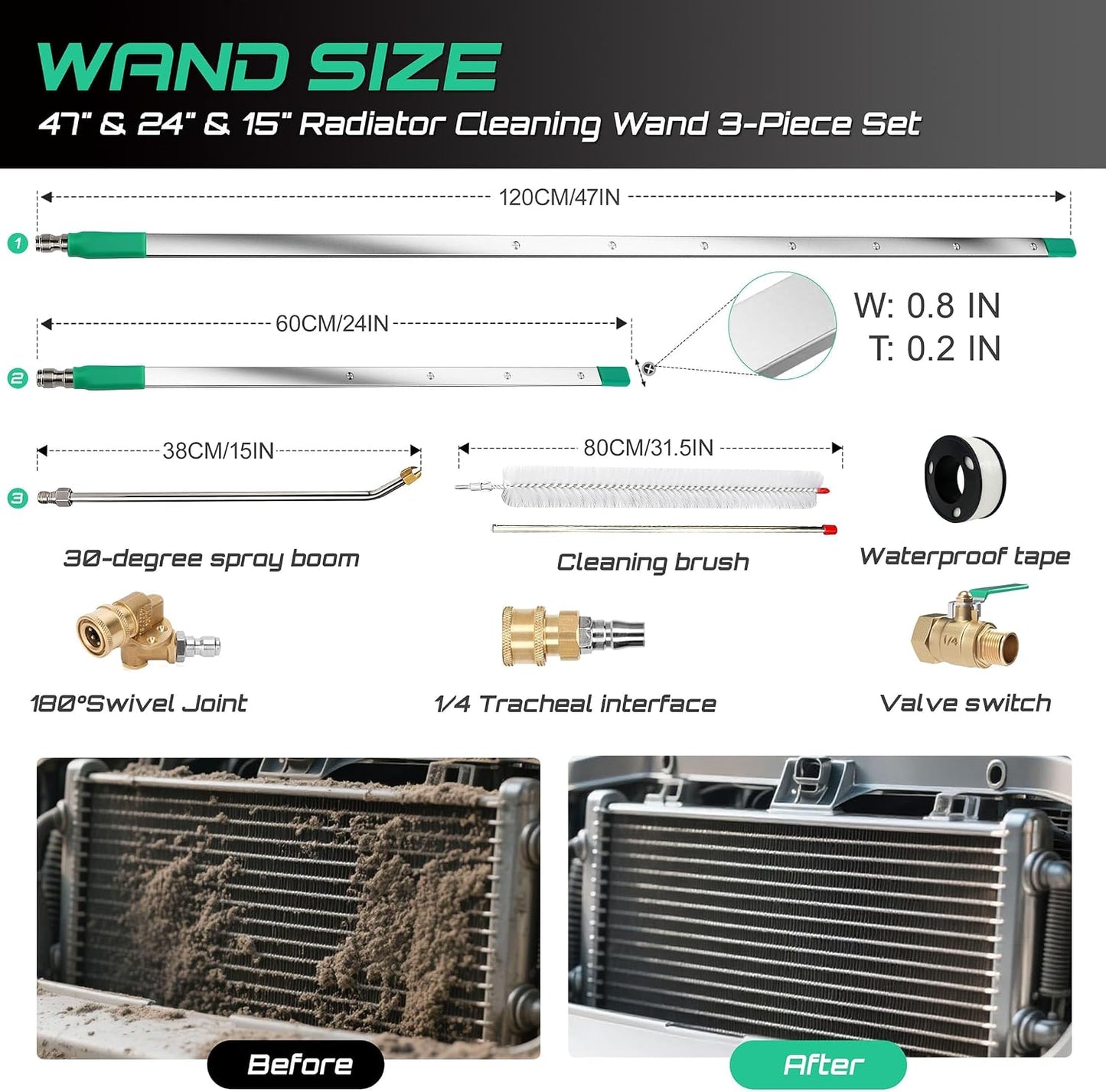 47/24/15" Radiator Cleaning Wand 3P, Water/Air, for Cars/Trucks/Heavy Equip | Water/air, 4500PSI 180° swivel, 0.2in ultra-slim, 25° fan, laser-welded 304SS, no-tear, quick-connect, industrial, saves.