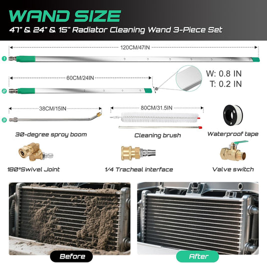 47/24/15" Radiator Cleaning Wand 3P, Water/Air, for Cars/Trucks/Heavy Equip | Water/air, 4500PSI 180° swivel, 0.2in ultra-slim, 25° fan, laser-welded 304SS, no-tear, quick-connect, industrial, saves.
