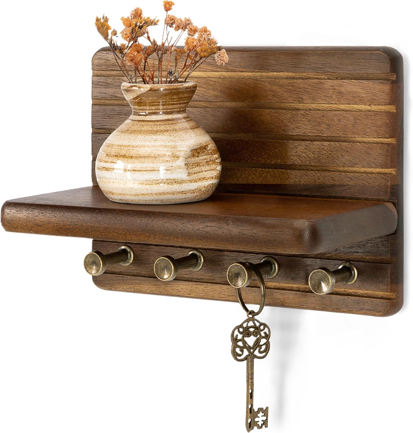 Rebee Vision Pine Wood Key Holder Wall Mount with Shelf for Entryway, Brown | 6 Key Hooks, Round Corner, Smooth&Hand-Friendly, Clear Wood Texture, Space-Saving Design, Organize Mail & Letter