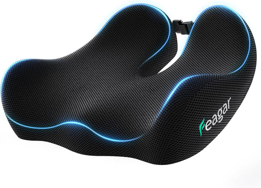 Seat Cushion for Office Chair - Memory Foam Tailbone Cushion | for Desk Chair, Car Seat and Wheelchair - Ergonomic Chair Pad for Hip and Lower Back Comfort - Washable Mesh Cover