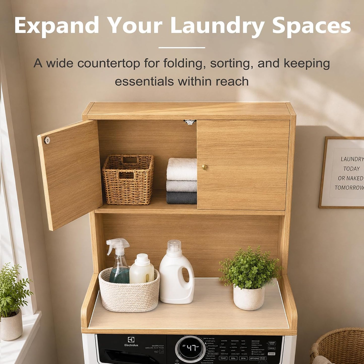 Laundry Storage & Organization (Oak) | Washer and Dryer Topper with Edge, Over Washer and Dryer Shelves for Laundry Room, Universal Fit, 27.5"Wx27.5"Dx29"H