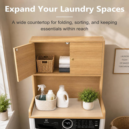 Laundry Storage & Organization (Oak) | Washer and Dryer Topper with Edge, Over Washer and Dryer Shelves for Laundry Room, Universal Fit, 27.5"Wx27.5"Dx29"H