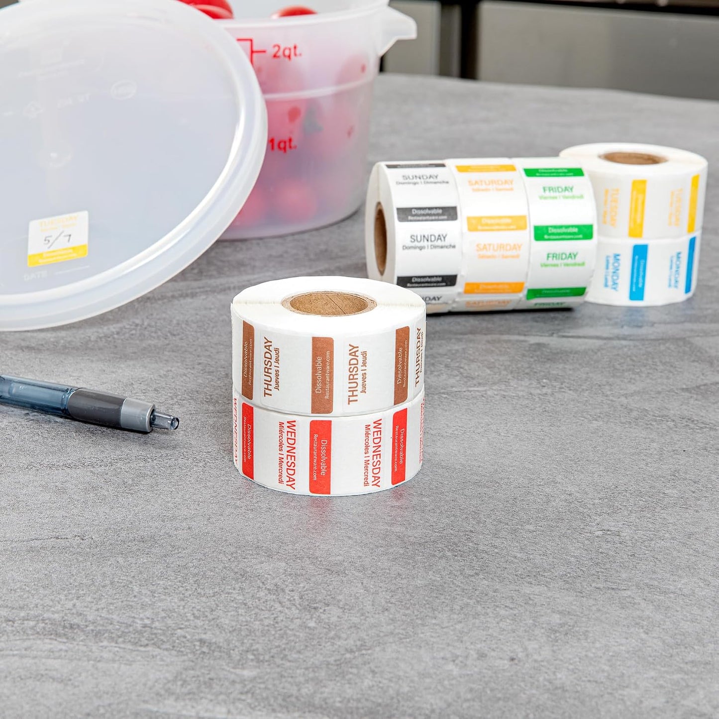 Restaurantware RW Smart 1 Inch x 1 Inch Food Rotation Labels 500 Dissolvable Food Safety Labels - Premium Trilingual Orange Paper Day Of The Week Labels For Food Storage Or Prep Saturday