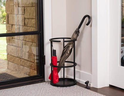 BIRDROCK HOME Decorative Umbrella Stand with Removable Water Tray - Large Freestanding Umbrella Rack and Cane Walking Stick Organizer - Metal Umbrella Holder for Entryway & Indoor Use - Black, Striped | Decorative Large Freestanding Rack and Cane Walking