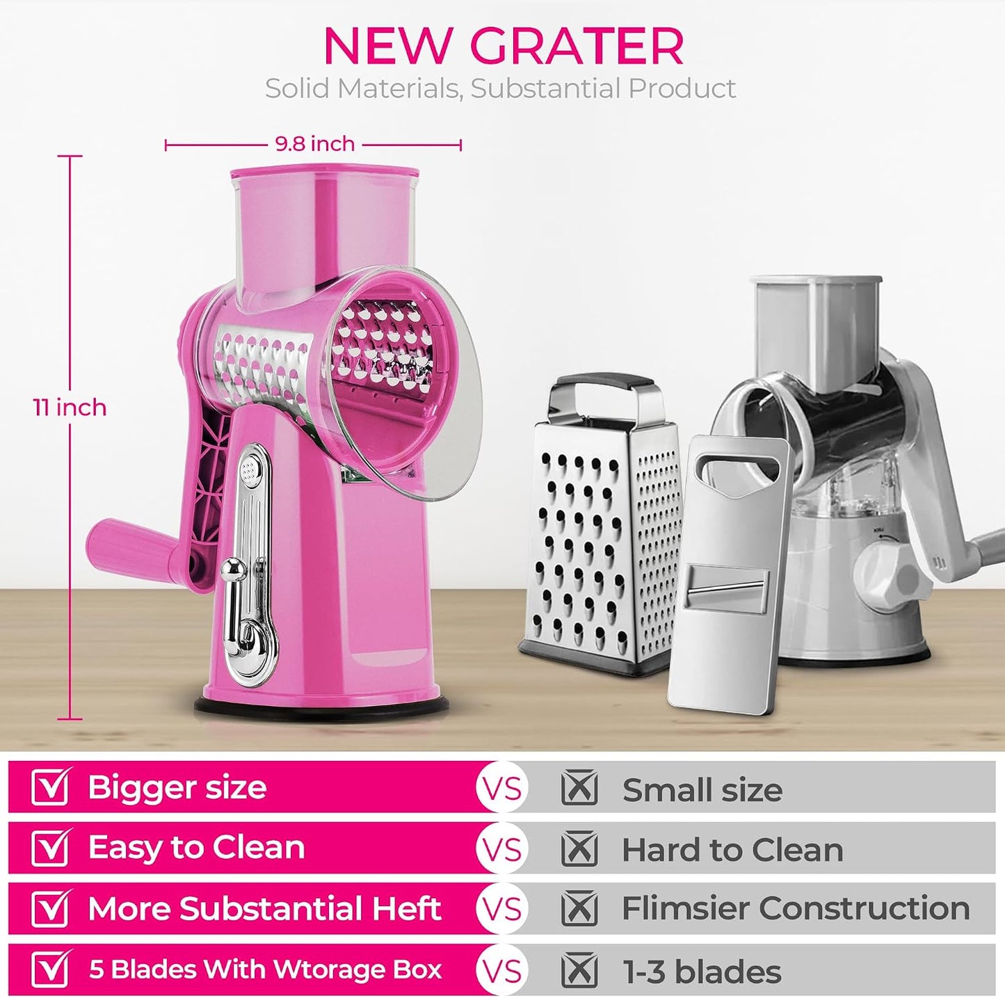 SUSTEAS Rotary Cheese Grater 5 Blades,Kitchen Mandoline Vegetable Slicer | White, Easy to Clean, Strong Suction Base, 5 Blades Storage Box, Round Mandoline Slicer & Food Chopper for Salad