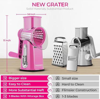 SUSTEAS Rotary Cheese Grater 5 Blades,Kitchen Mandoline Vegetable Slicer | White, Easy to Clean, Strong Suction Base, 5 Blades Storage Box, Round Mandoline Slicer & Food Chopper for Salad