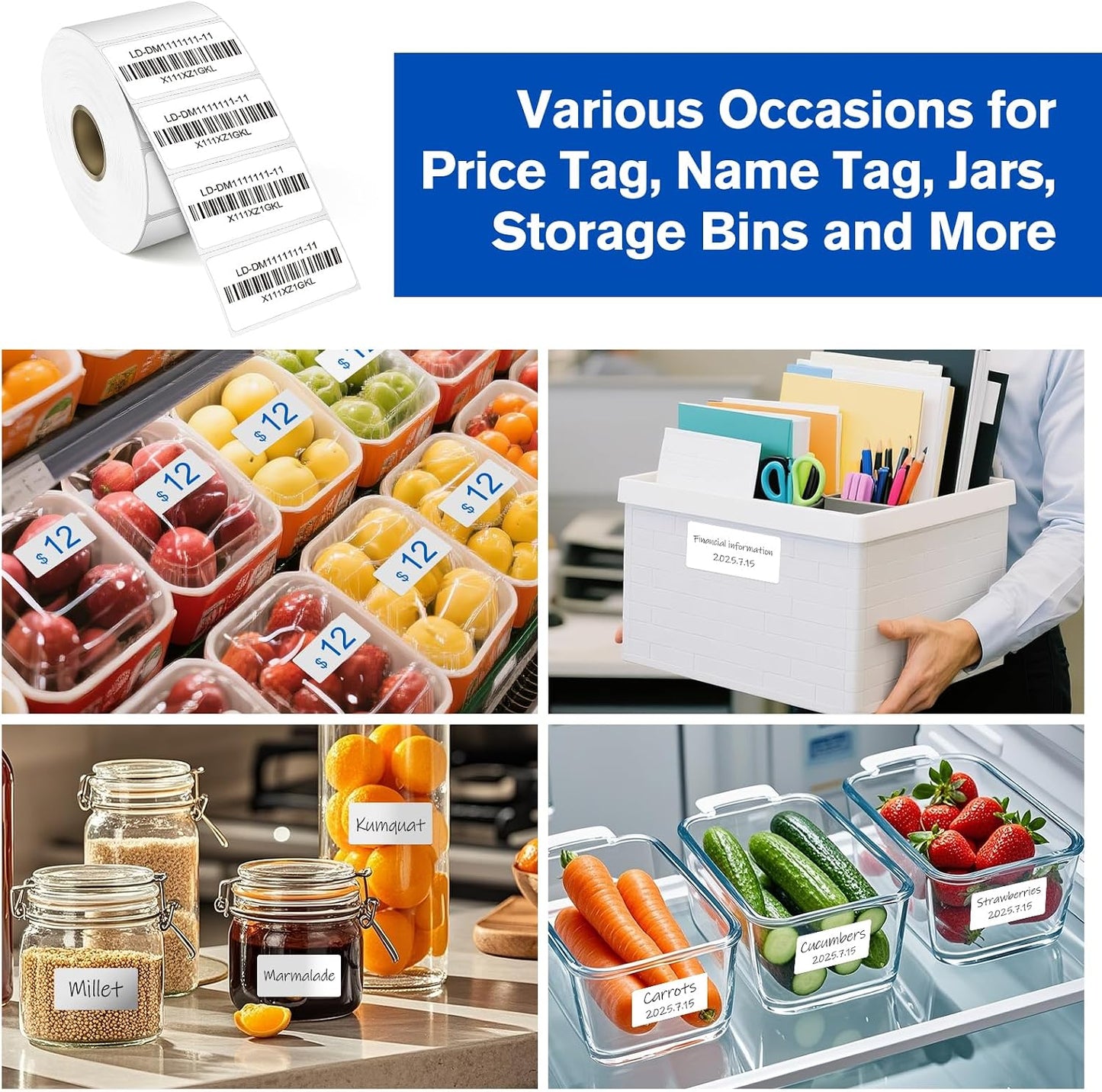 L LIKED 2" x 1" Thermal Labels, Blank Removable Labels with No Residue, Water and Oil Resistant, Use for Both Home and Office (1 Roll, 1300 Labels)