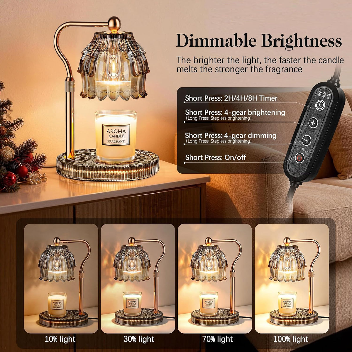 Candle Warmer Lamp with Timer Dimmer, Modern Wax Warmer for Scented Wax Jar Candle Warmer with 2 Bulbs, Adjustable Height Glass Lamp for Gifts for Women, Home Decor, Gold Amber