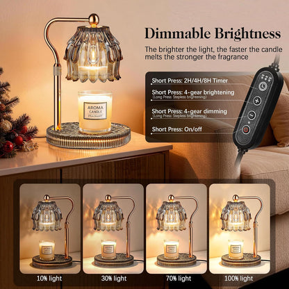 Candle Warmer Lamp with Timer Dimmer, Modern Wax Warmer for Scented Wax Jar Candle Warmer with 2 Bulbs, Adjustable Height Glass Lamp for Gifts for Women, Home Decor, Gold Amber