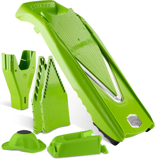 Mandoline Food Slicer Börner V5 (Profi Set) by Reston Lloyd • V-Slicer with 4 Inserts, Docking Station & Food Holder • Made in Germany • Fruit & Vegetable Chopper • Multiple Settings • Color: Lime