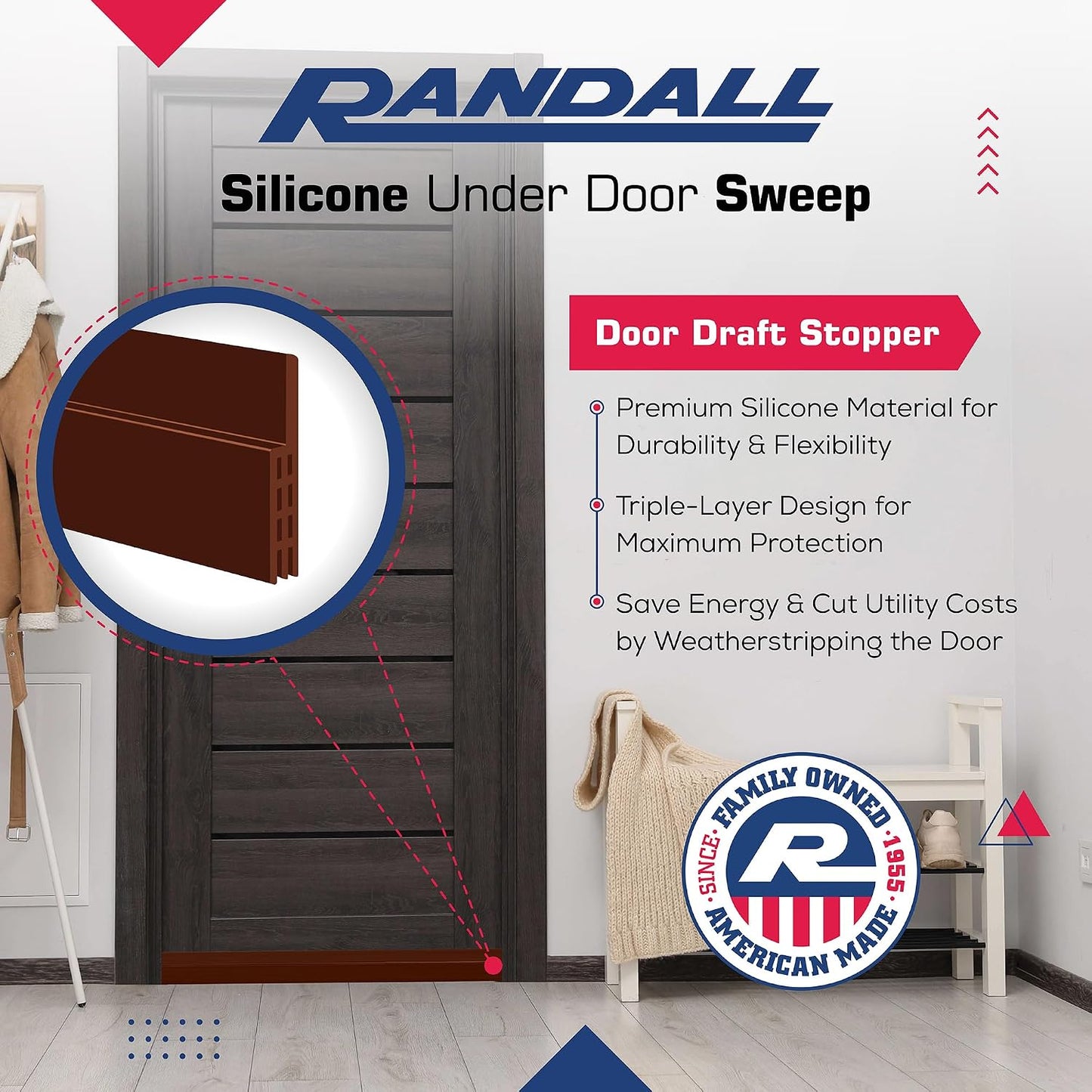 Adhesive Backed Door Draft Stopper – Silicone Under Door Sweep for Interior & Exterior Doors, Noise & Air Insulation, Self Stick Weather Stripping Door Seal, 2" W x 39" L (White) by Randall Mfg
