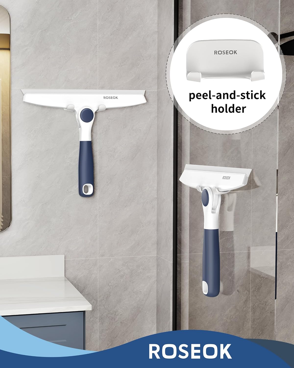 ROSEOK Shower Squeegee, Silicone Squeegee for Glass Doors with Hook | For Bathroom, Window, Mirror, Tile Wall, Pivoting Head, 10 Inch, Navy Blue, 1 Pack