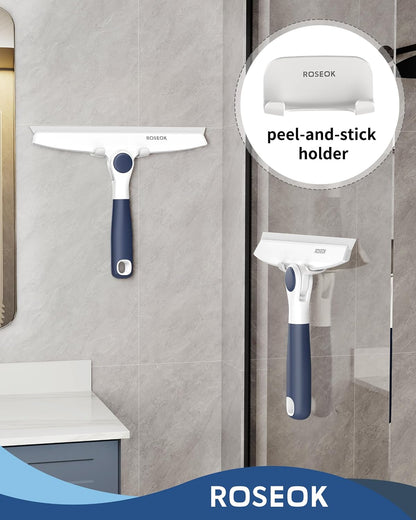 ROSEOK Shower Squeegee, Silicone Squeegee for Glass Doors with Hook | For Bathroom, Window, Mirror, Tile Wall, Pivoting Head, 10 Inch, Navy Blue, 1 Pack
